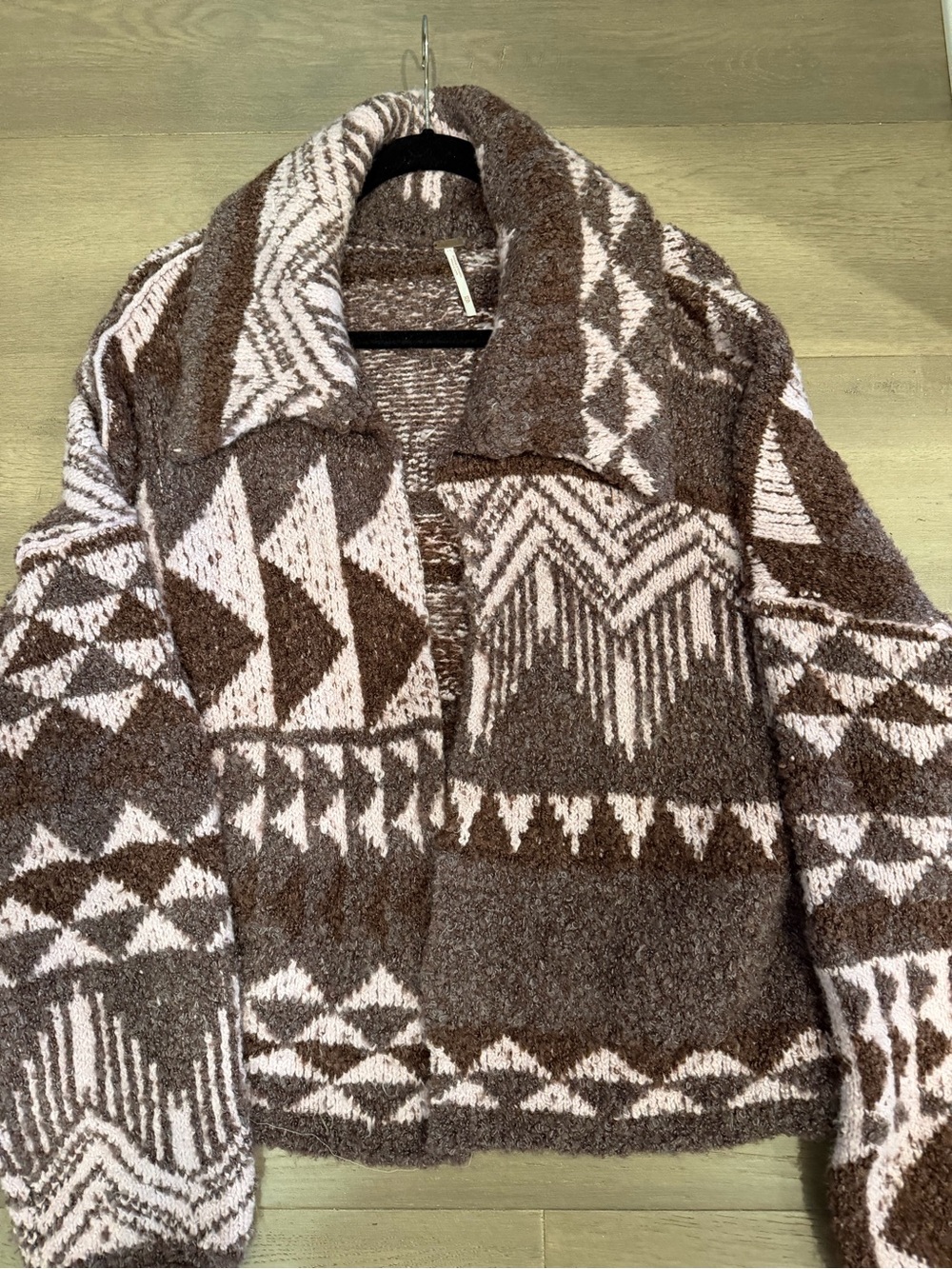 Free People Brown & Cream Geometric Cardigan